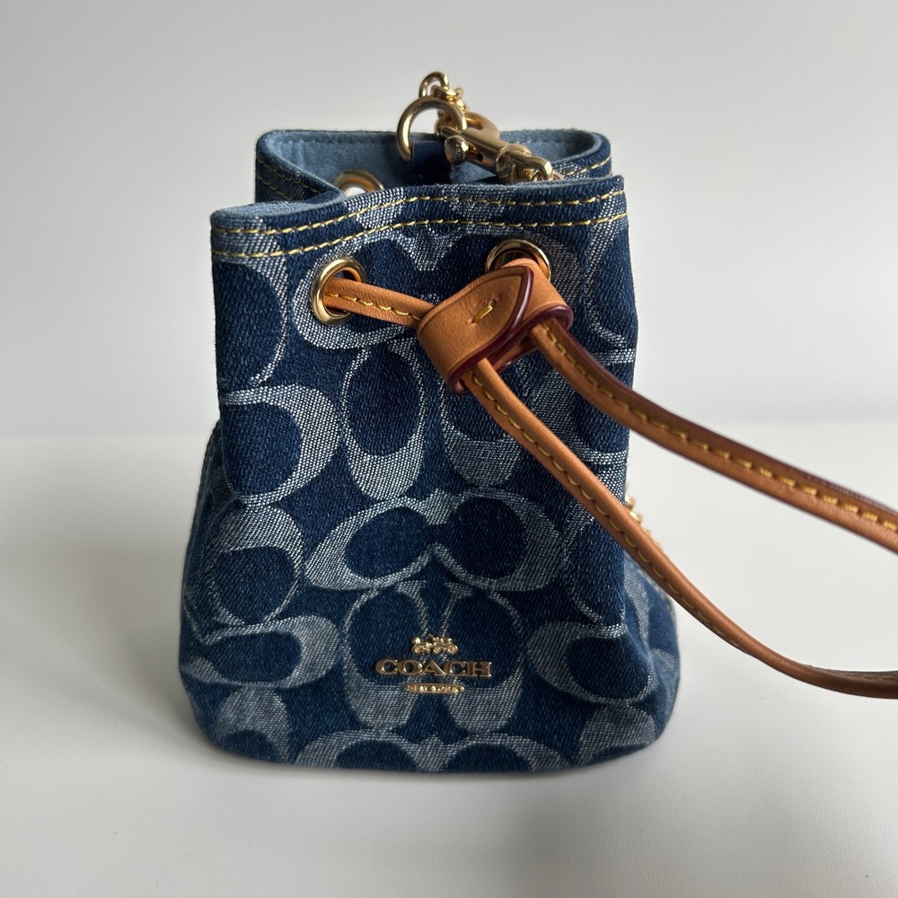 Coach Drawstring Wristlet Mini Bucket Bag Blue Signature Denim CZ031